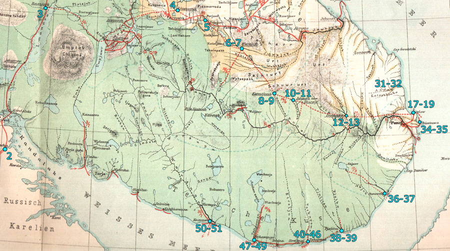 Kartta Kuolan niemimaan retkest 1889